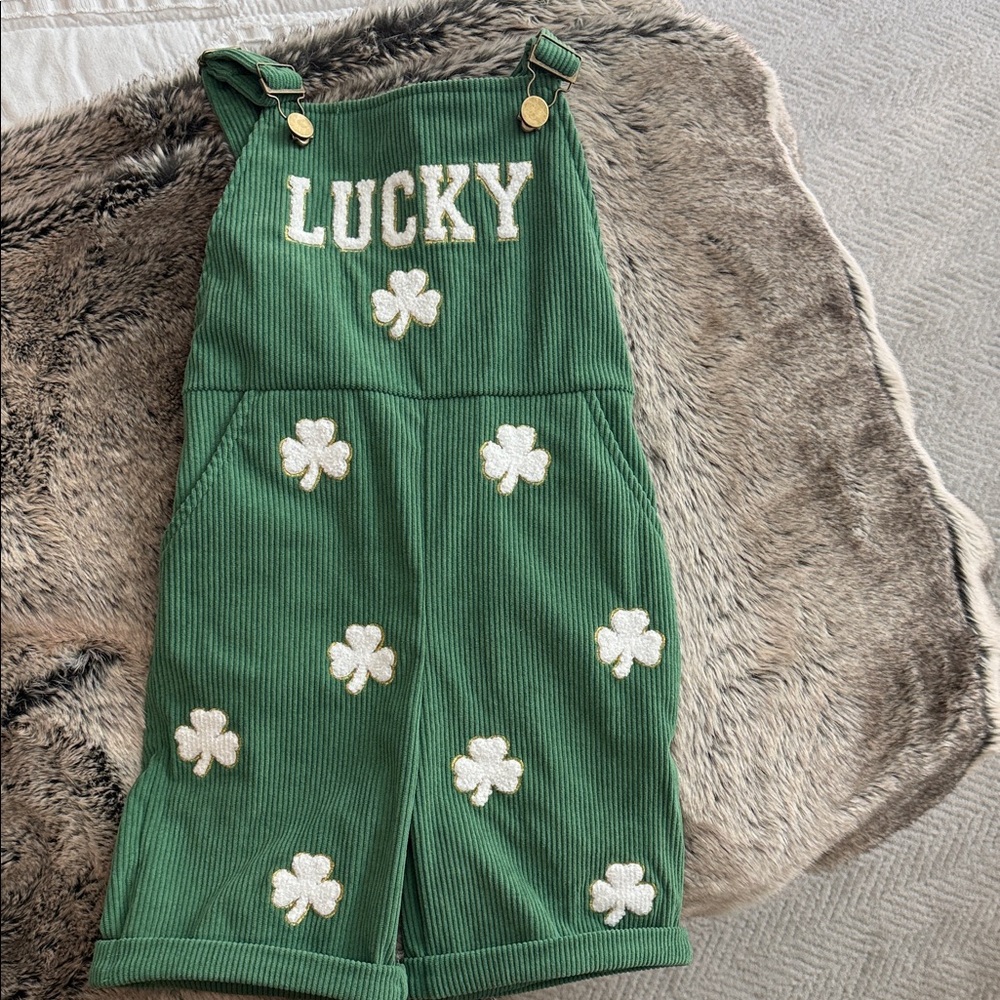 Green Corduroy Kids Overalls with Shamrock Appliqués